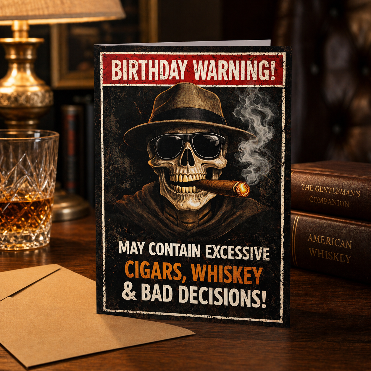 Birthday Card - May Contain Excessive Cigars, Whiskey & Bad Decisions!