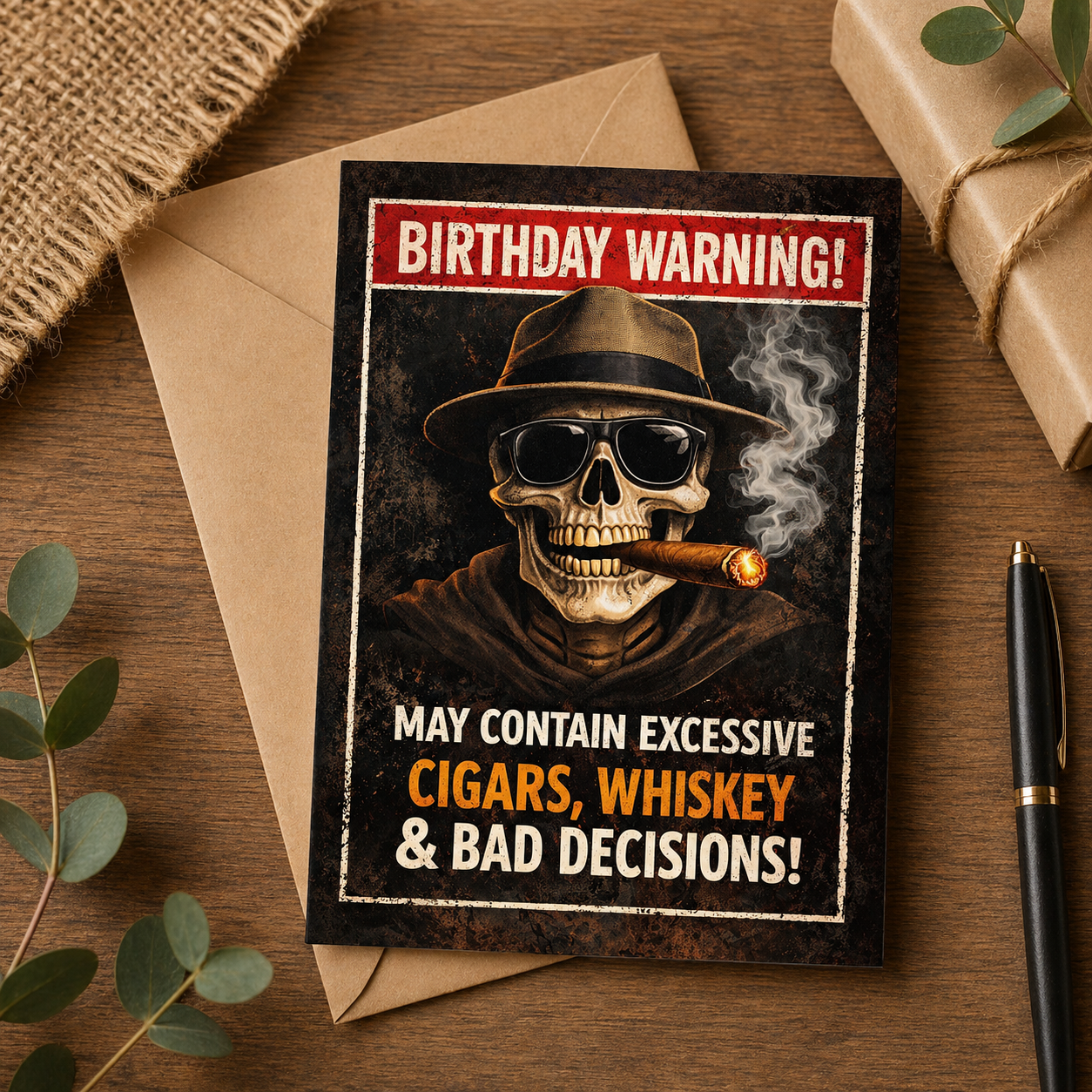 Birthday Card - May Contain Excessive Cigars, Whiskey & Bad Decisions!