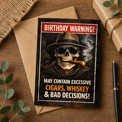 Birthday Card - May Contain Excessive Cigars, Whiskey & Bad Decisions!